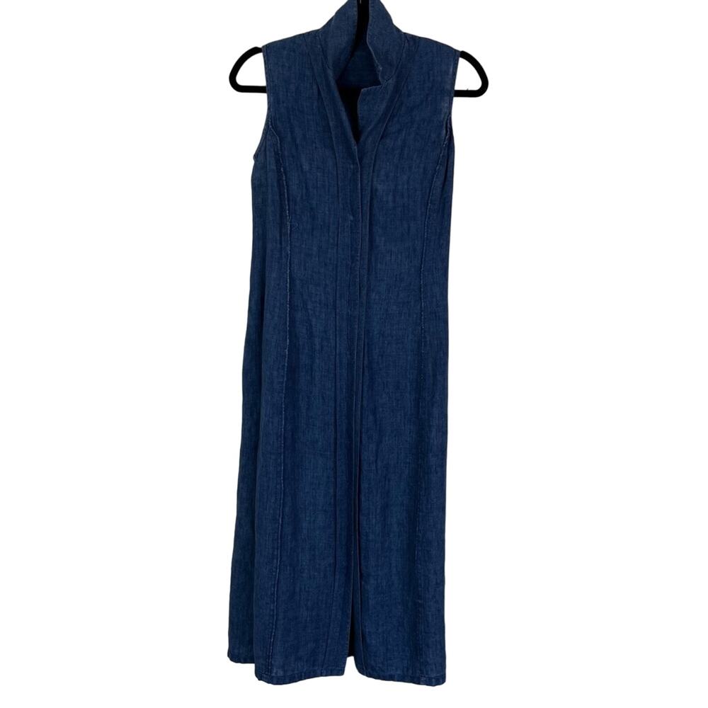 PETITE SOPHISTICATE Dress Women Maxi Blue Chambray Linen Sleeveless Button Front